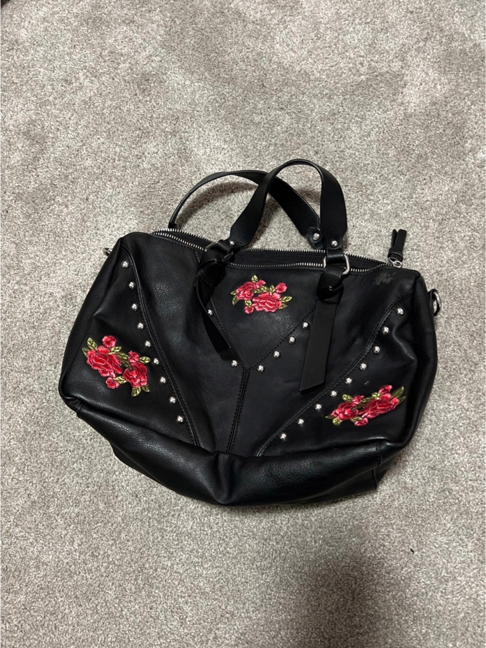 embroidered leather purse / Black Tote with Rose